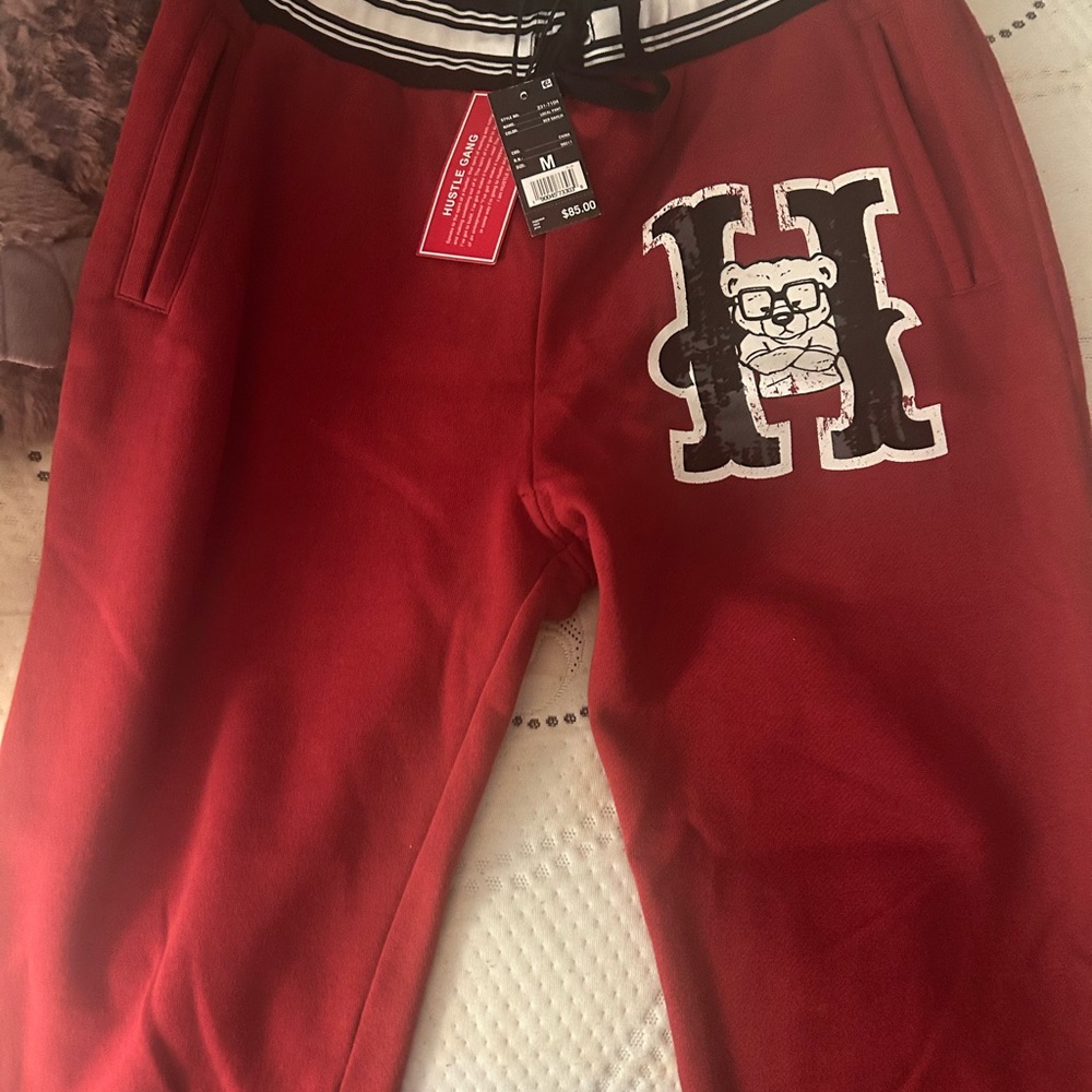 Hustle Gang Red Jogger Sweatpants with H Bear Patch